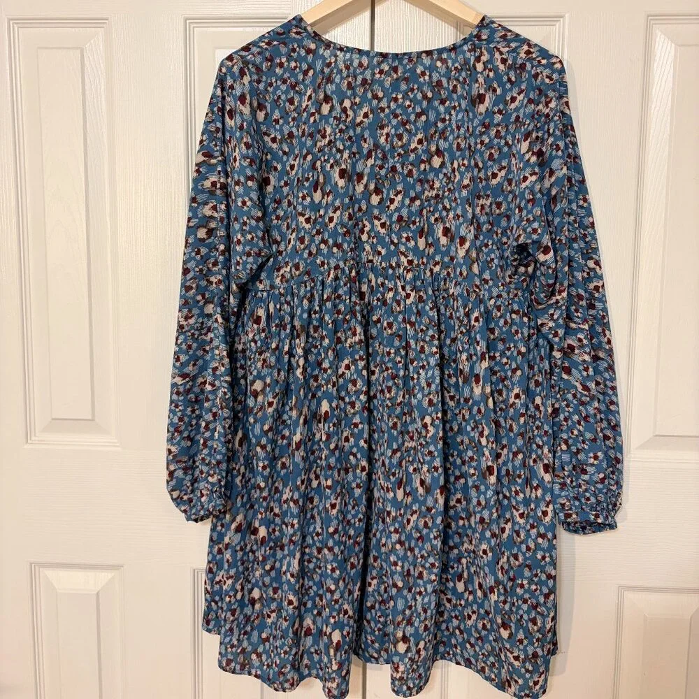 Boho Mini Peasant Baby Doll Dress‎ Tunic Blue Mixed Print Size Small - Picture 8 of 8